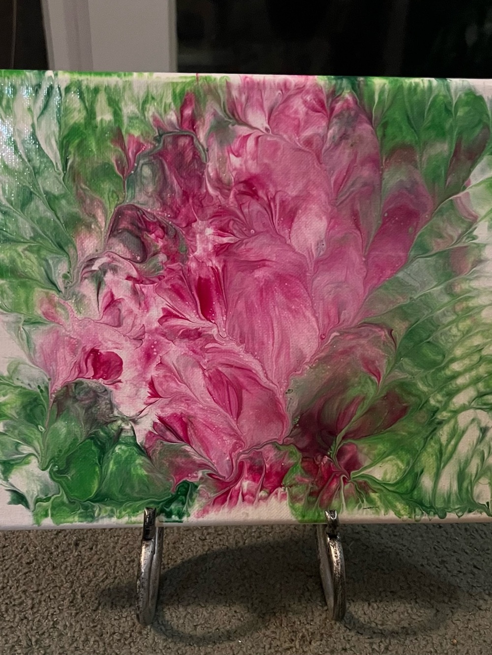 💕 Abstract Pink & Green Fluid Art Canvas Painting - Home Art EUC 9” by 12” 2020